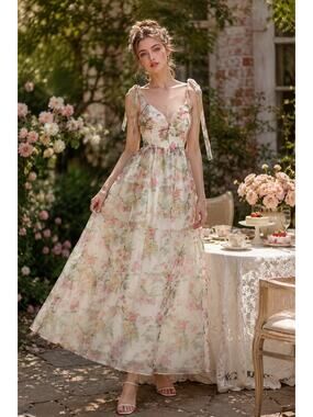 NWT B.right Floral Organza Maxi Dress Romantic Ethereal Garden Party Tie Strap M